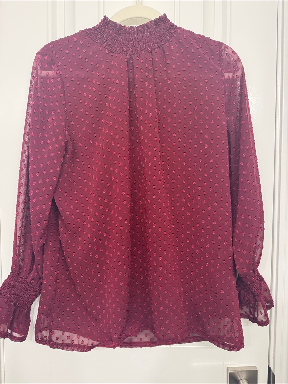 Smocked Neck Burgundy Swiss Dot Blouse